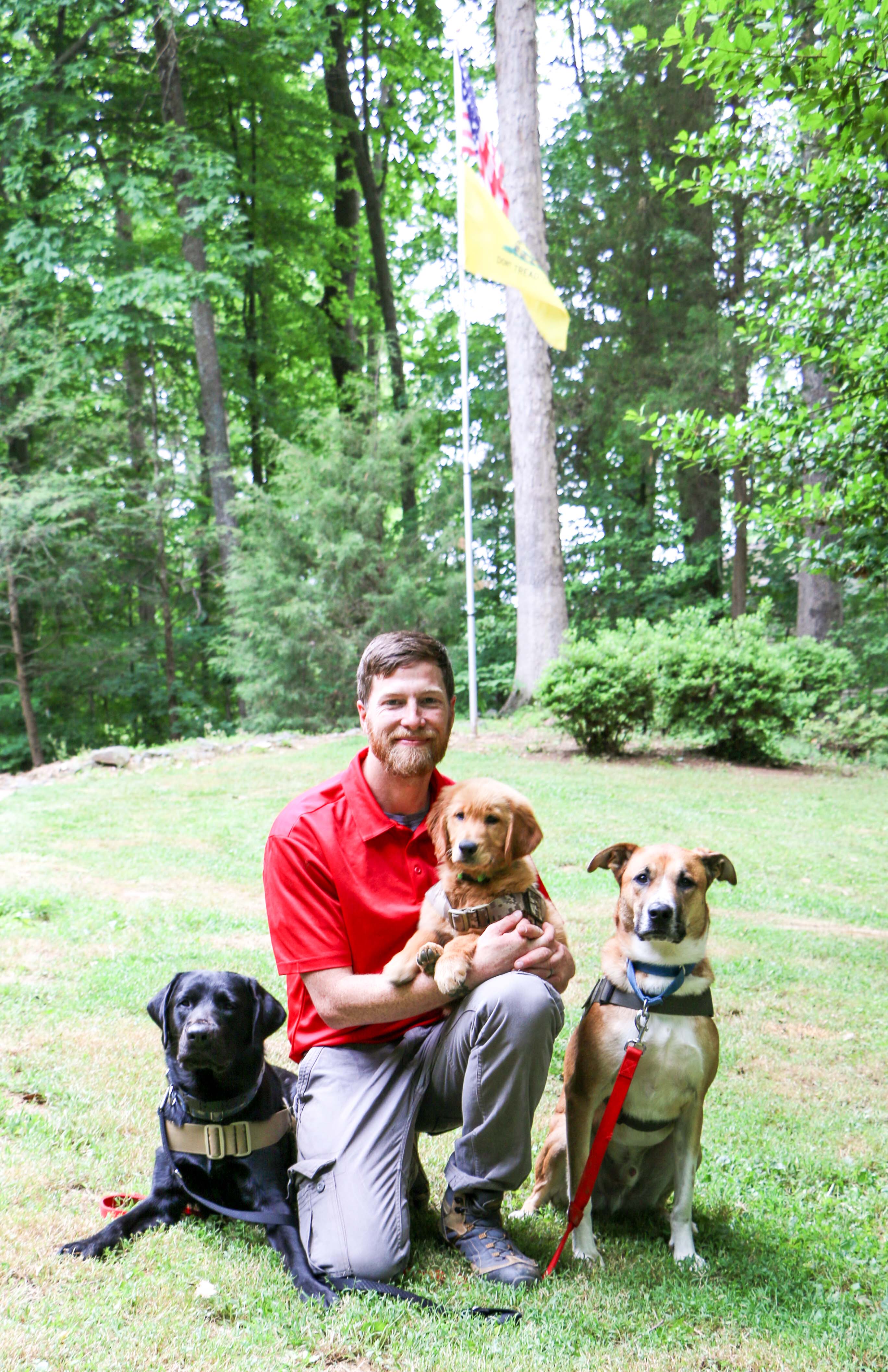 Camp Semper K9 service as a training facility for service dogs year round. (Left to right: Service Dogs Vinny, Morti and Norman).
